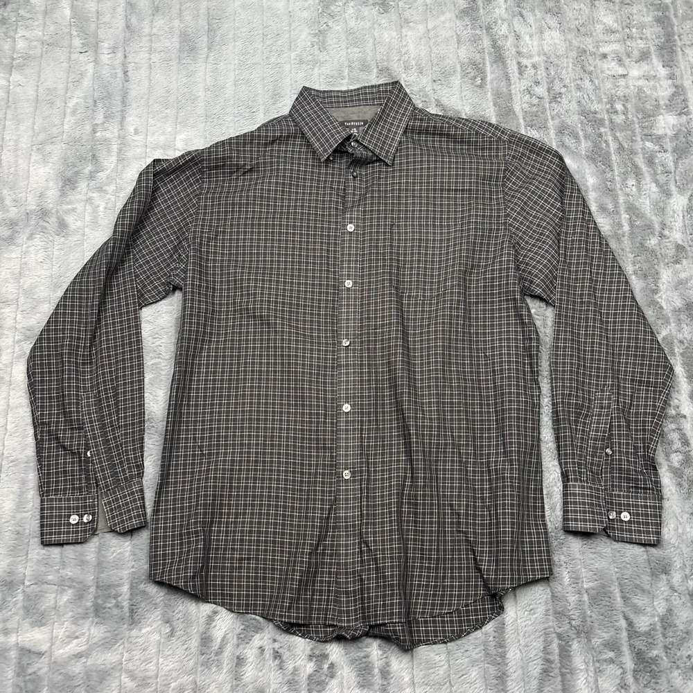 Van Heusen Mens Large Long Sleeve Button Down Shirt Black White Plaid 16-16.5